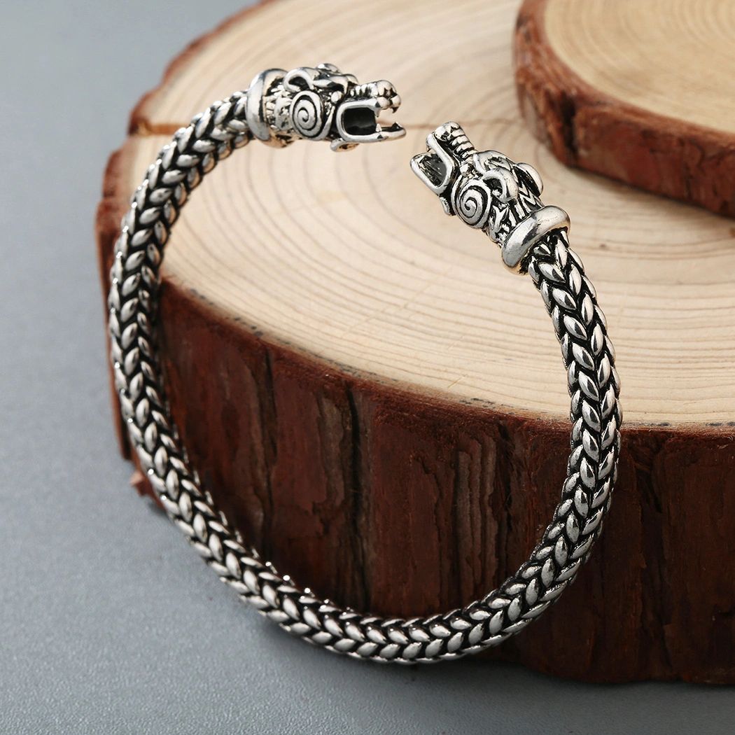 Viking dragon head bracelet in silver
