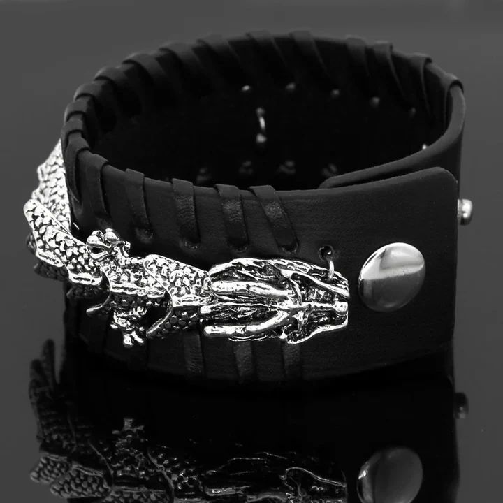 Leather cuff bracelet with dragon embellishment