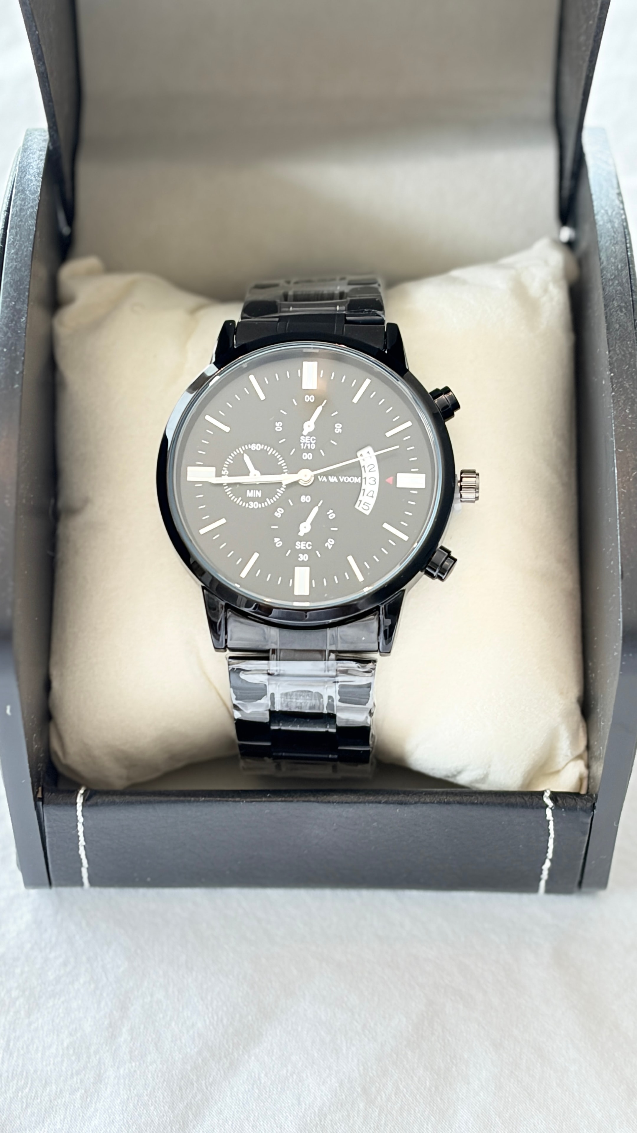 Va Va Voom black chronograph watch in gift box