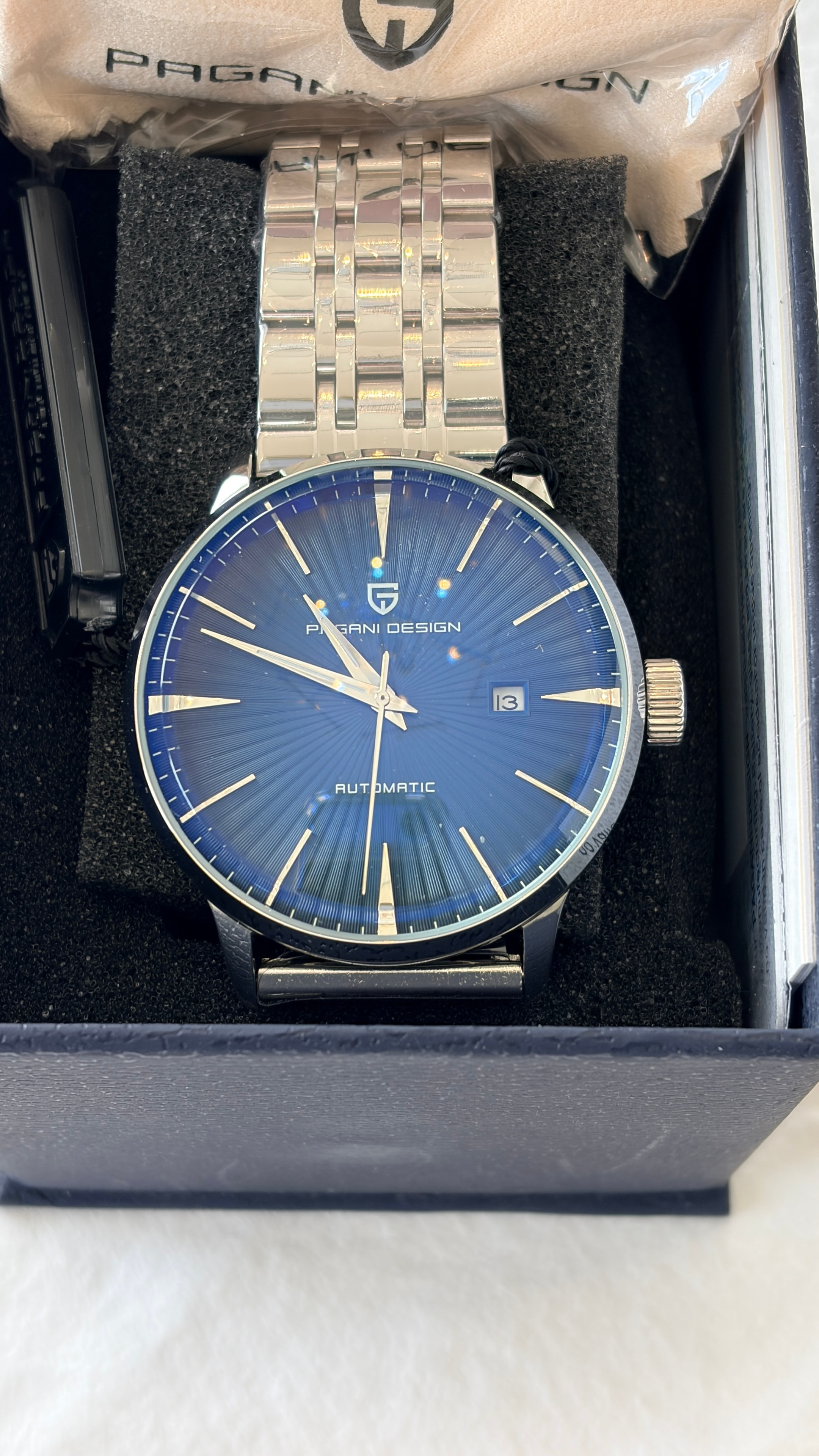 Pagani Design automatic watch blue sunburst dial silver bracelet