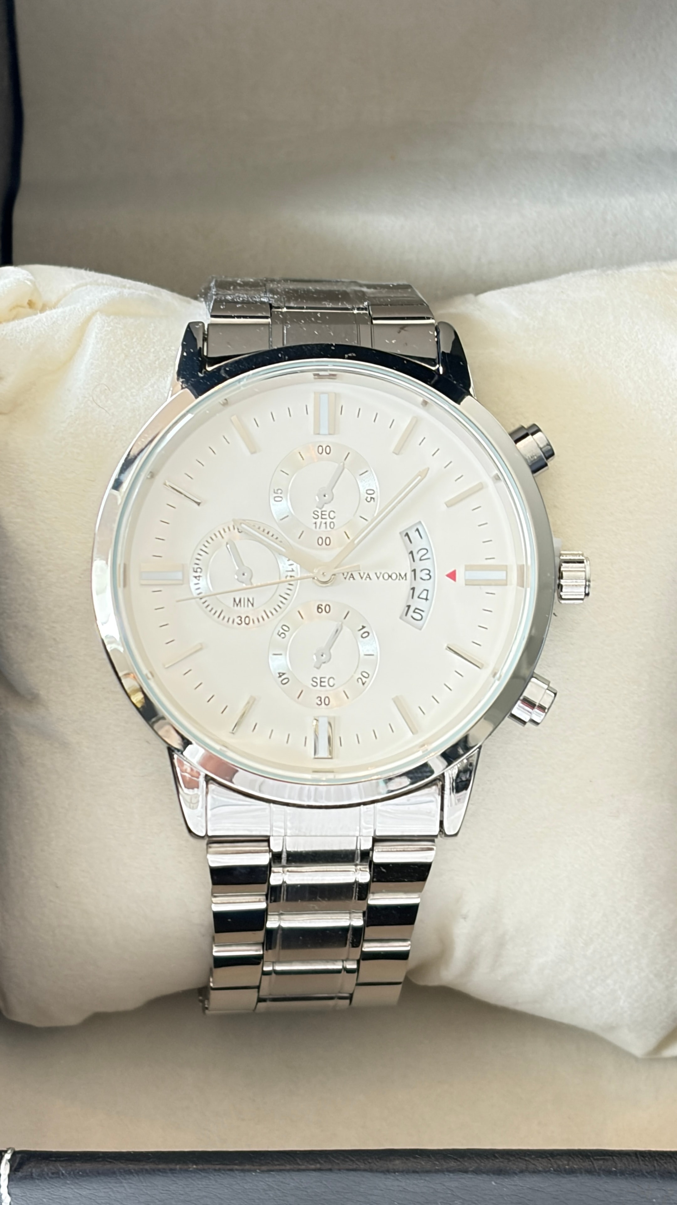 Va Va Voom silver chronograph watch with cream dial